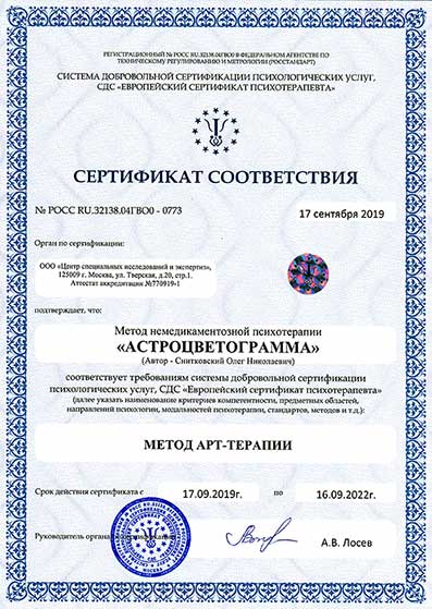 сертификат соответствия на метод психотерапии